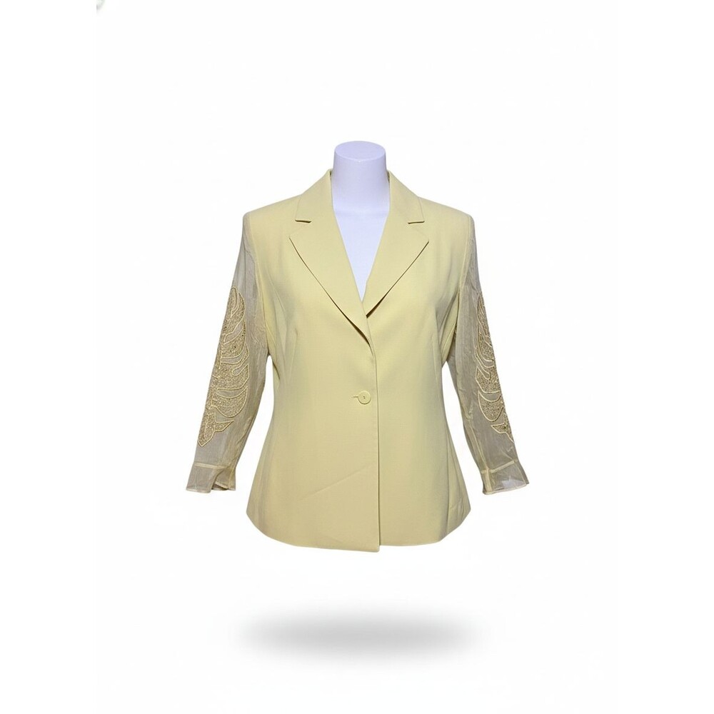 Clips Women’s Pale Yellow Blazer with Sheer Floral Sleeves Size 44 New with Tags